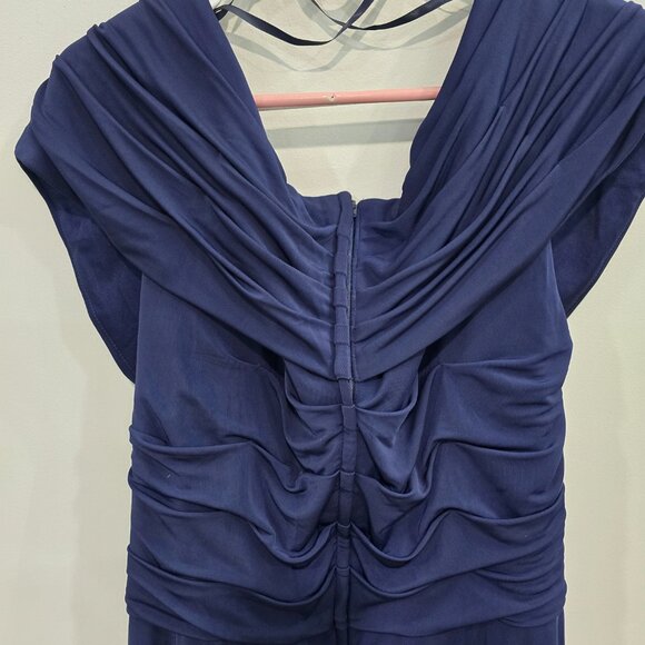 *La Femme* Size 18 - Navy Blue Ruched Off the Shoulder Jersey Column Gown $348 - Picture 5 of 8